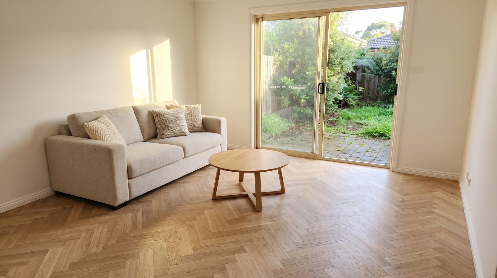 The same living room after renovation, with light oak herringbone flooring and fresh styling